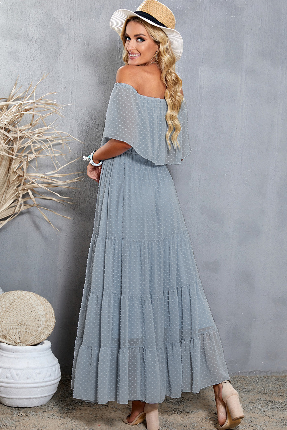 Swiss Dot Off Shoulder Tiered Maxi Dress