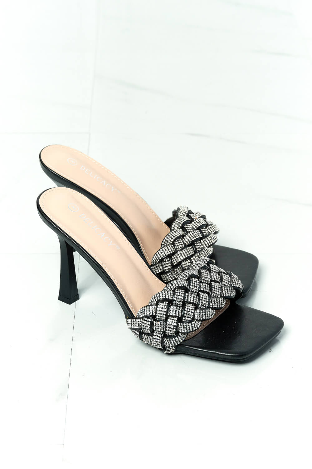 DELICACY Showstopper Braided Rhinestone Heel Slide in Black