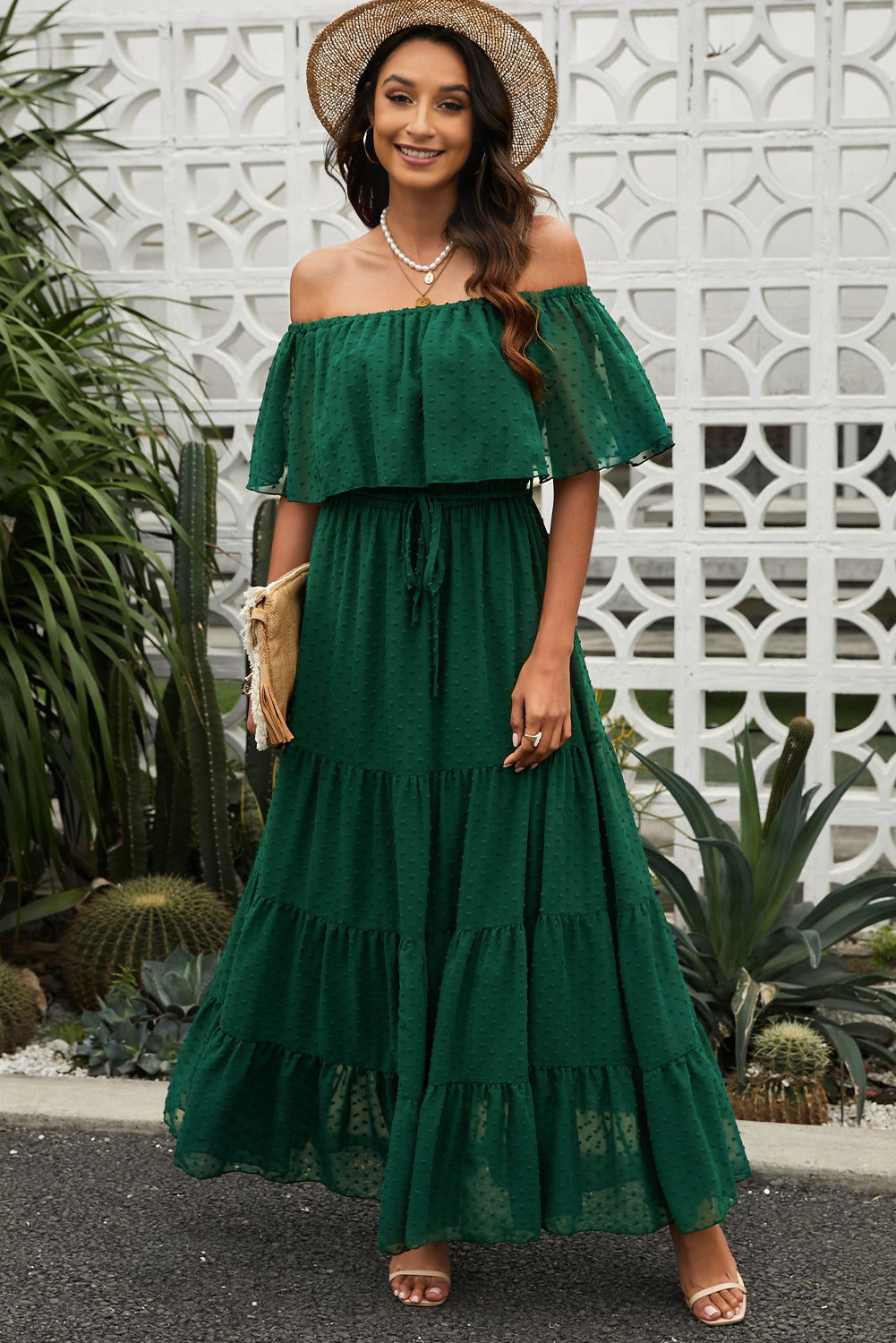 Swiss Dot Off Shoulder Tiered Maxi Dress