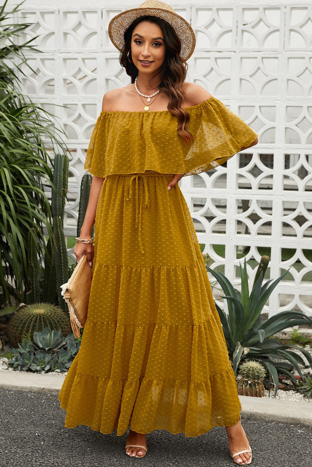 Swiss Dot Off Shoulder Tiered Maxi Dress