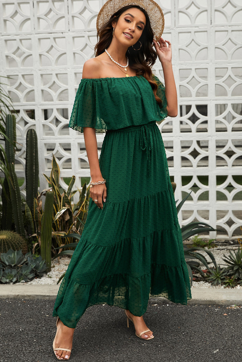 Swiss Dot Off Shoulder Tiered Maxi Dress