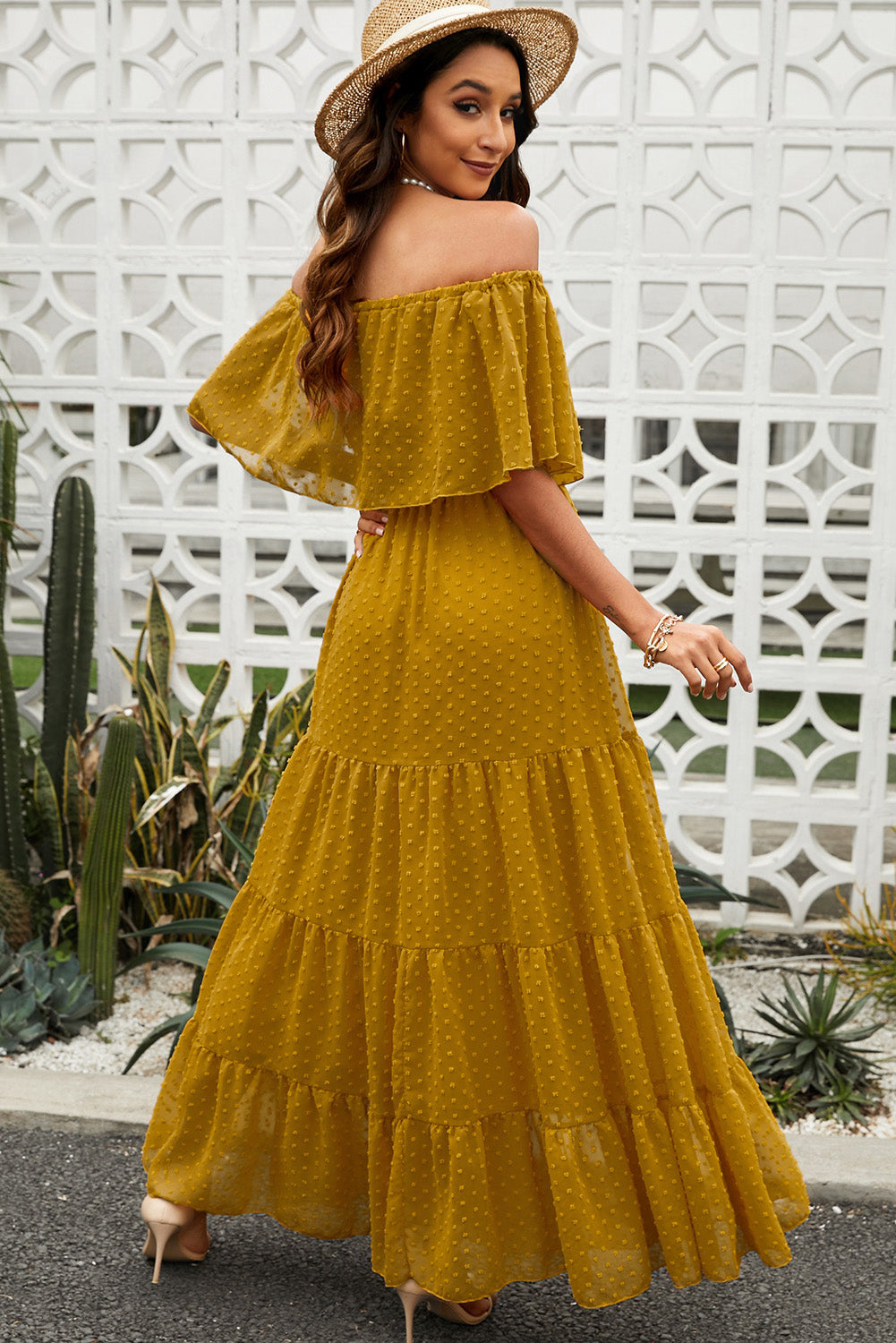 Swiss Dot Off Shoulder Tiered Maxi Dress