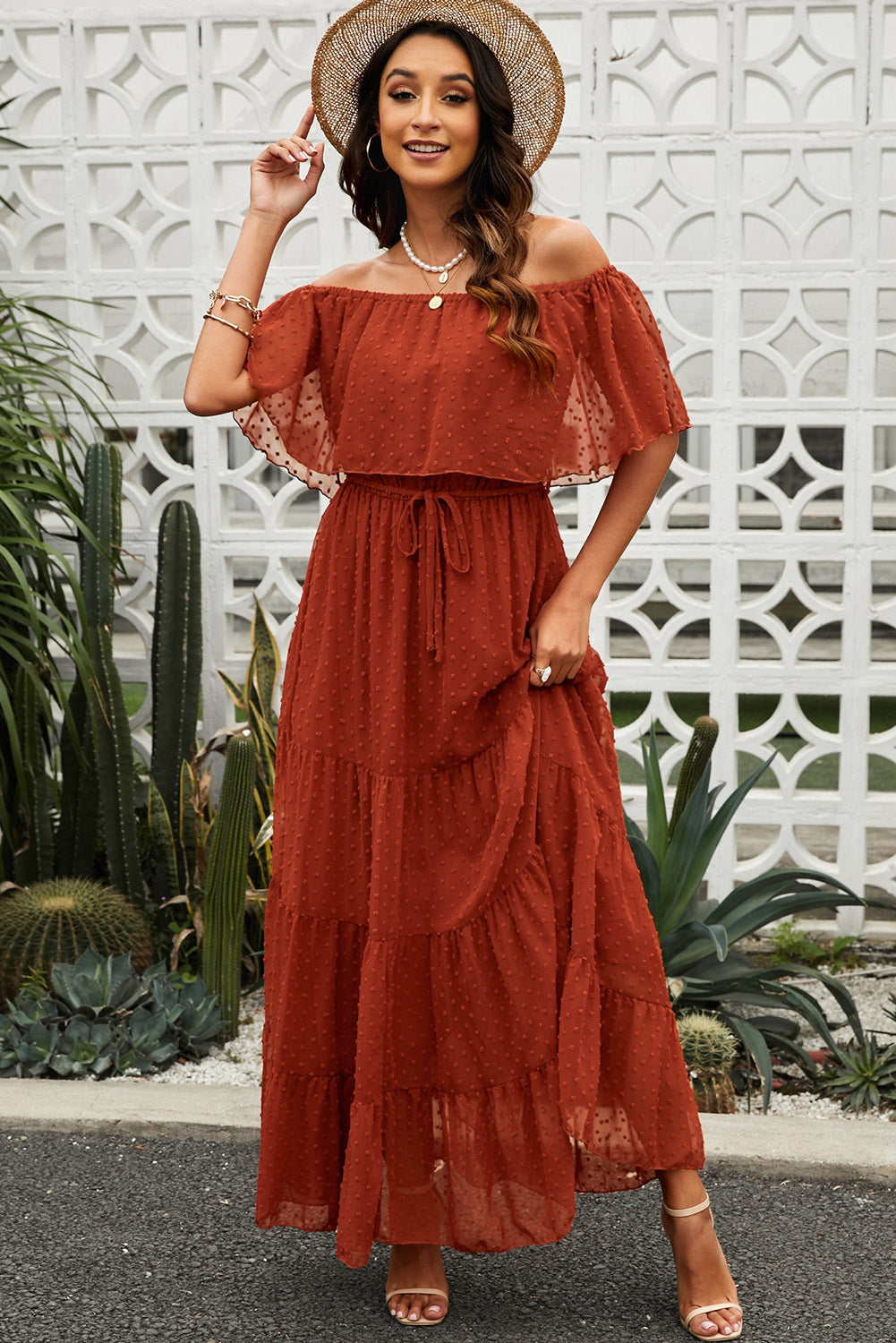 Swiss Dot Off Shoulder Tiered Maxi Dress