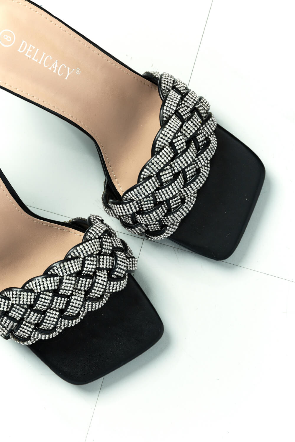 DELICACY Showstopper Braided Rhinestone Heel Slide in Black