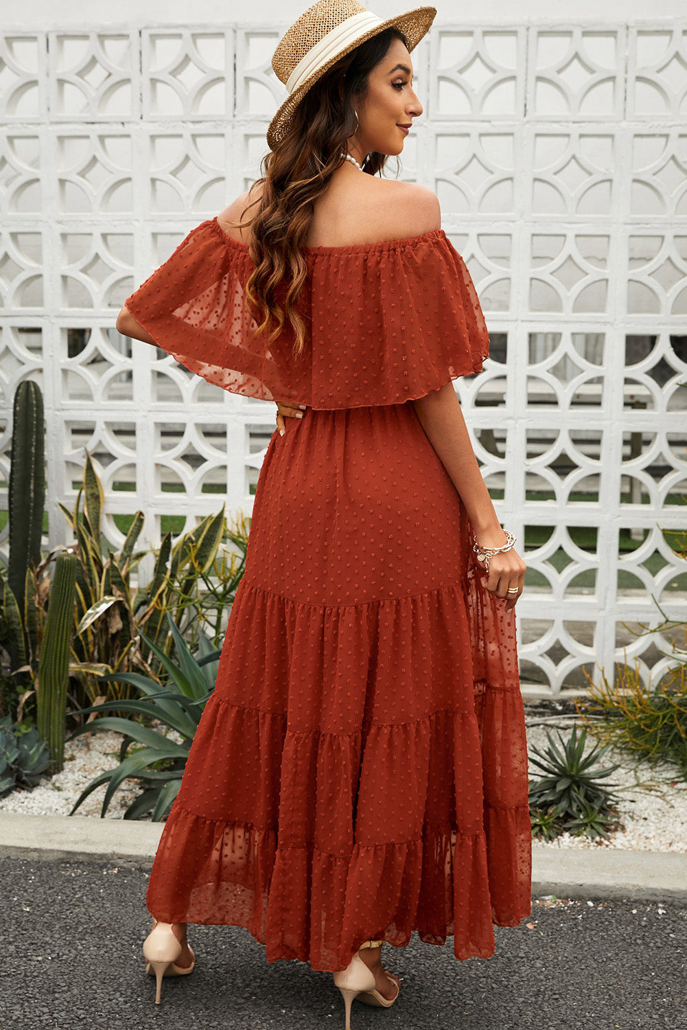 Swiss Dot Off Shoulder Tiered Maxi Dress