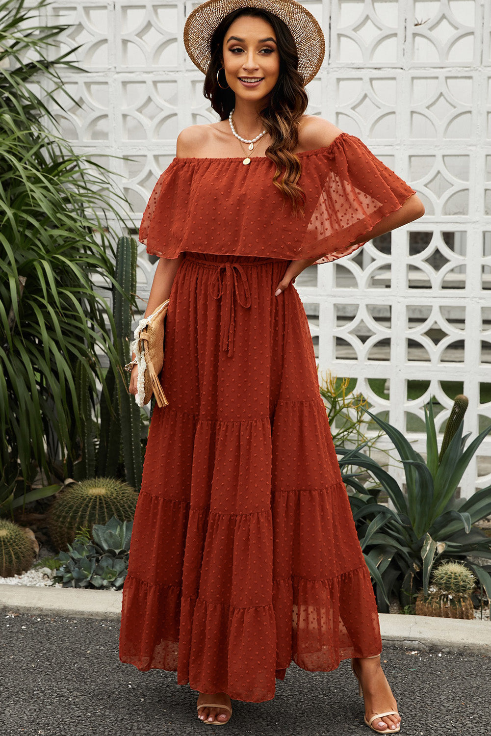 Swiss Dot Off Shoulder Tiered Maxi Dress