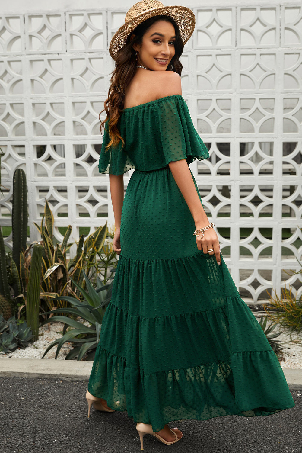 Swiss Dot Off Shoulder Tiered Maxi Dress