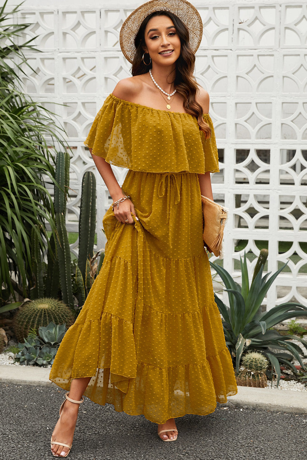 Swiss Dot Off Shoulder Tiered Maxi Dress