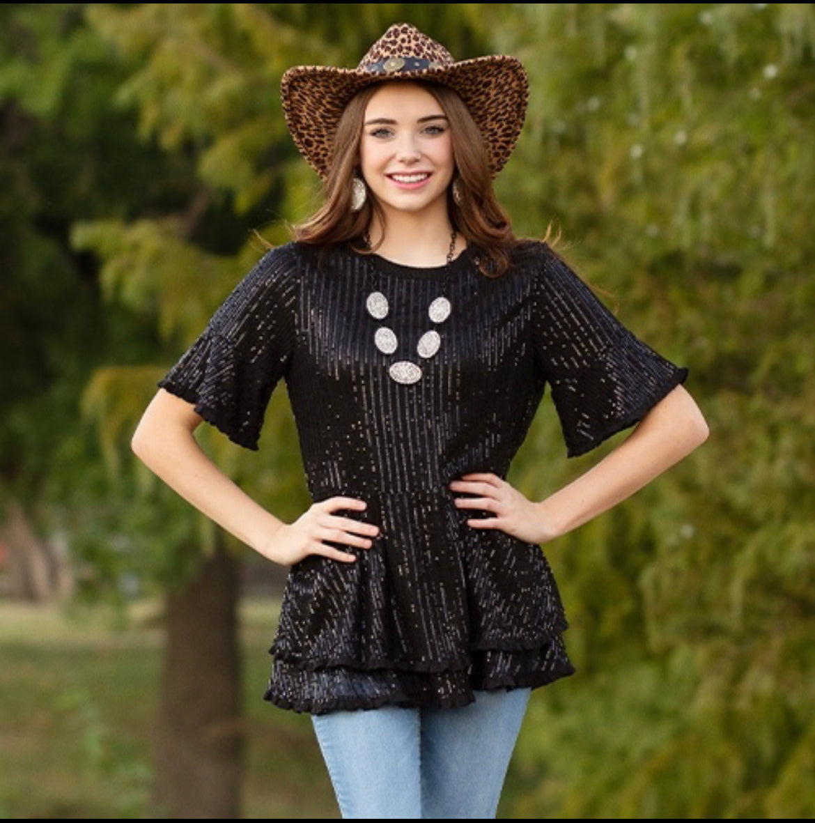 Sunshine & Rodeo Sequin Top with Flared Bottom