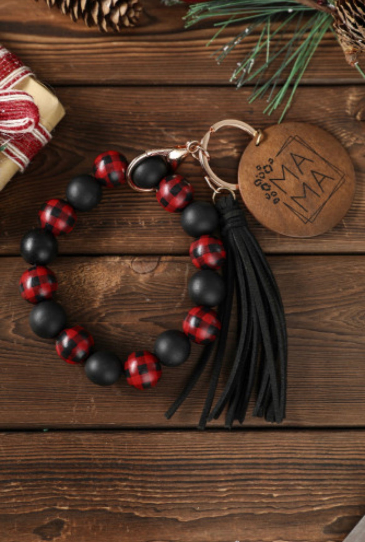 Red Plaid Bracelet Tassel Wood Beaded Keychain