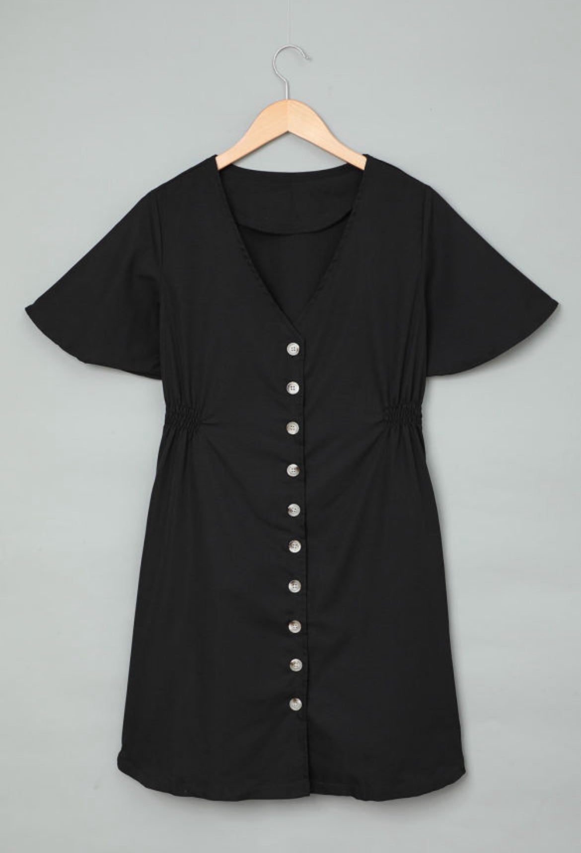 Black Flutter Sleeve V Neck Buttoned Maternity Dress