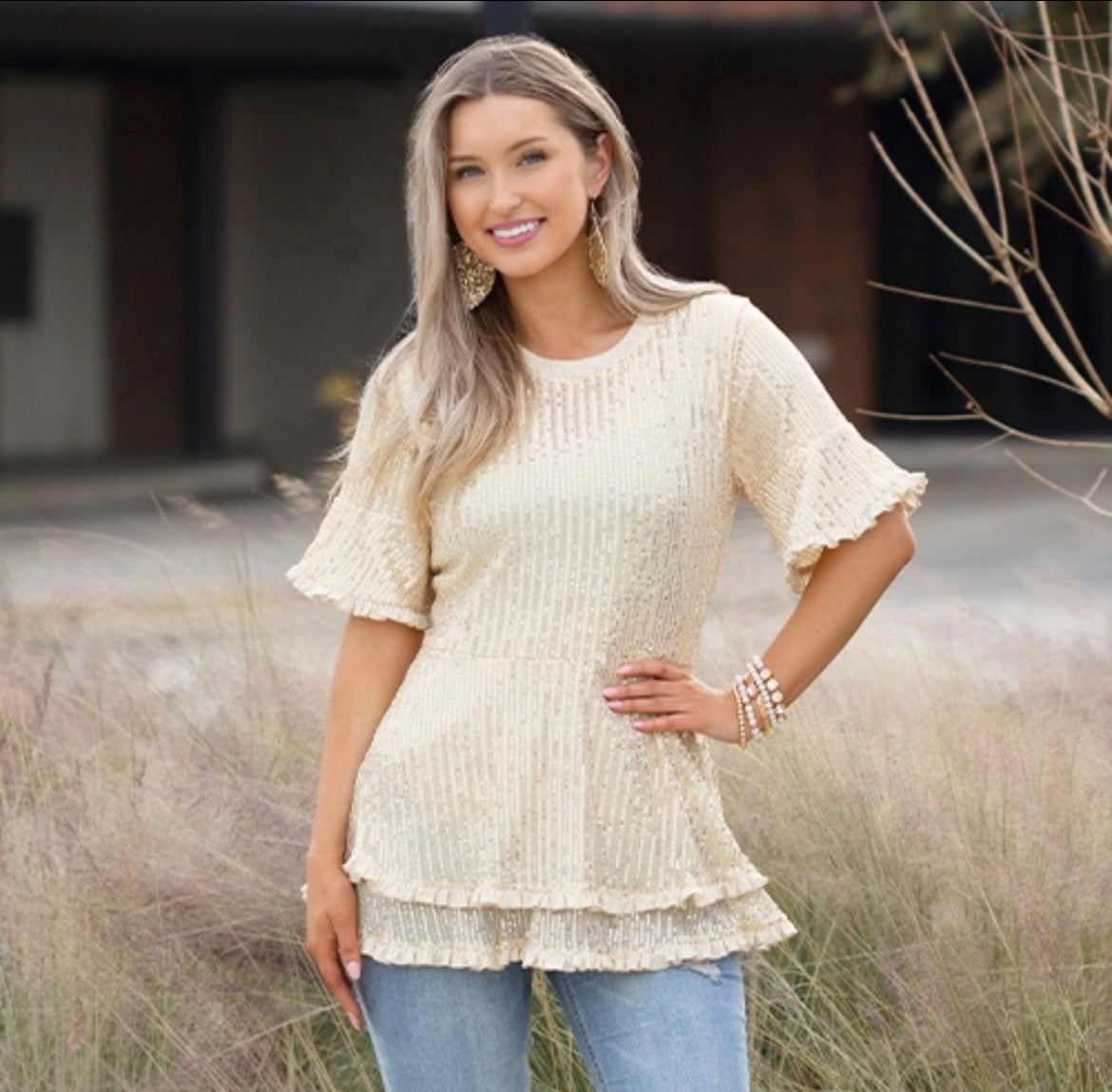 Sunshine & Rodeo Sequin Top with Flared Bottom