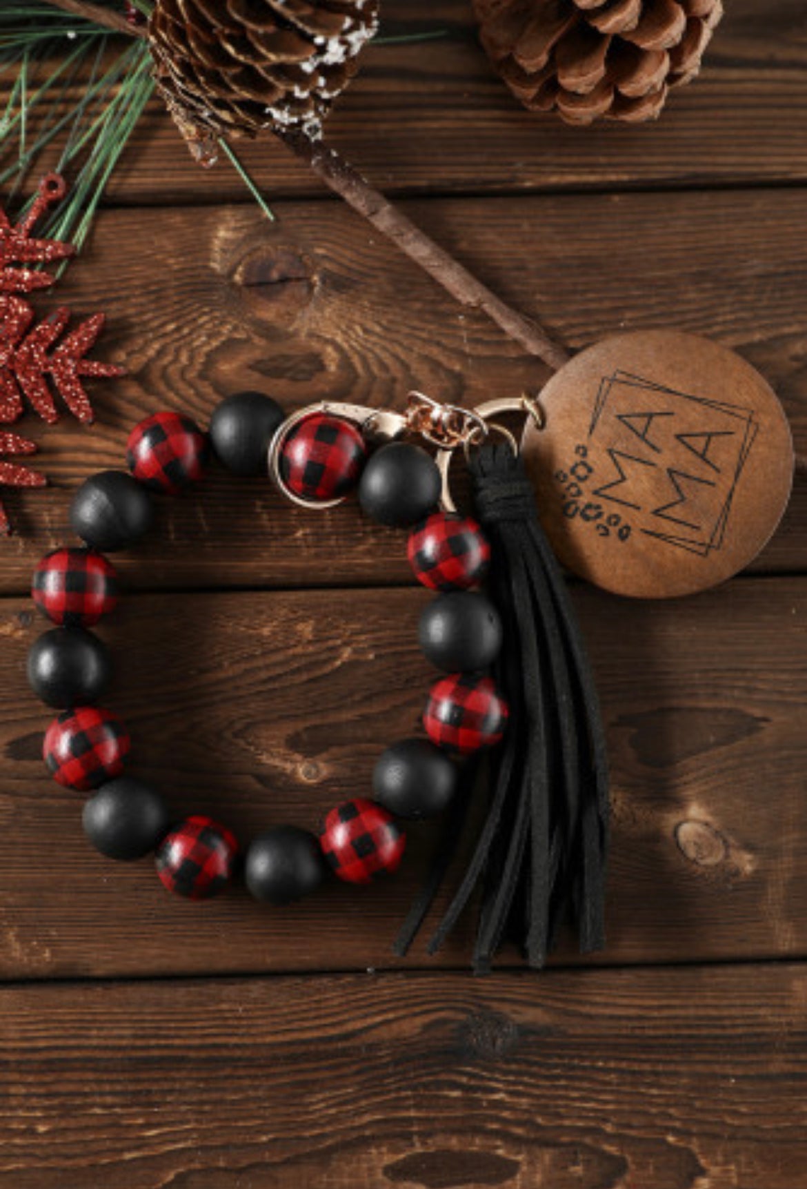 Red Plaid Bracelet Tassel Wood Beaded Keychain