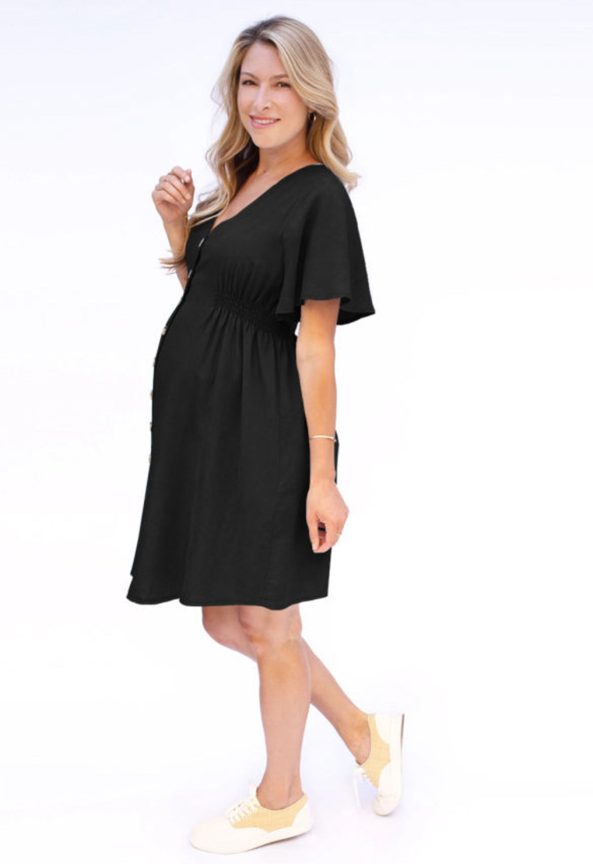 Black Flutter Sleeve V Neck Buttoned Maternity Dress