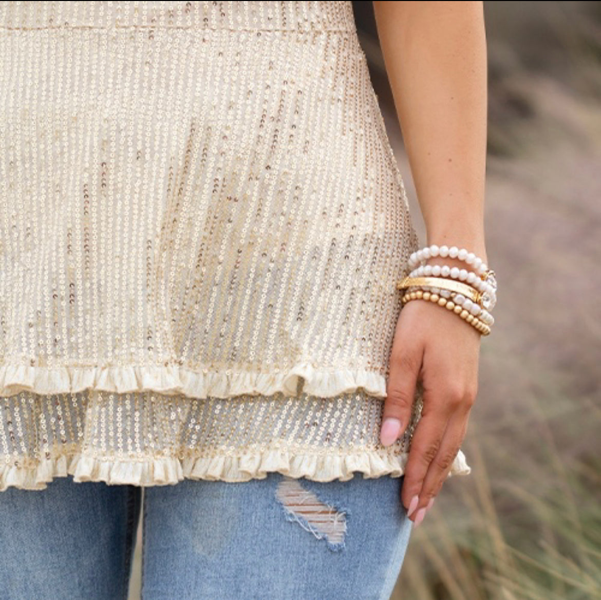 Sunshine & Rodeo Sequin Top with Flared Bottom