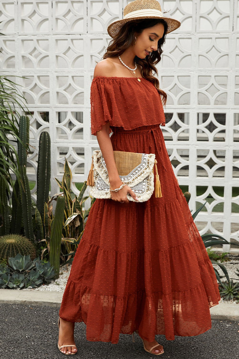 Swiss Dot Off Shoulder Tiered Maxi Dress