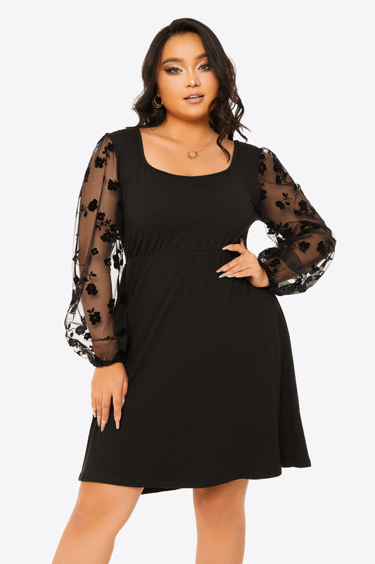 Plus Size Floral Mesh Sleeve Empire Waist Dress