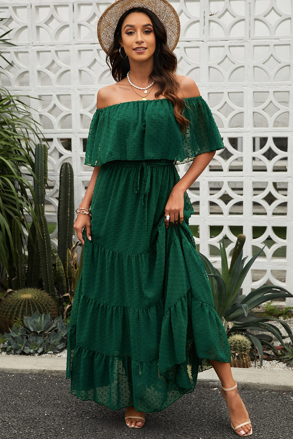 Swiss Dot Off Shoulder Tiered Maxi Dress