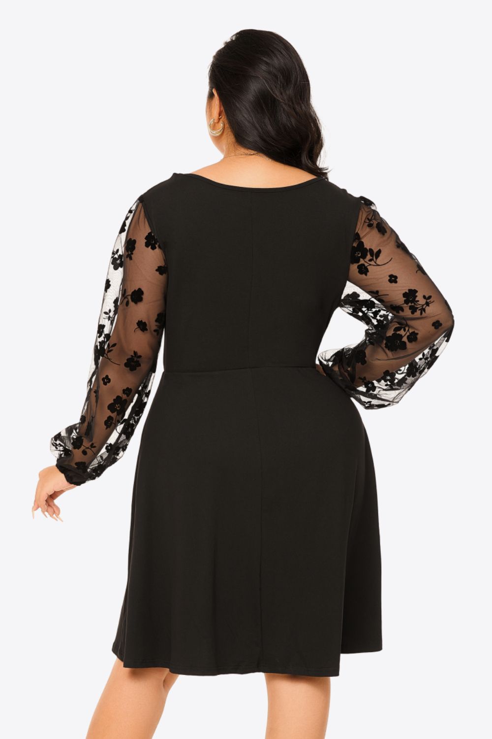 Plus Size Floral Mesh Sleeve Empire Waist Dress