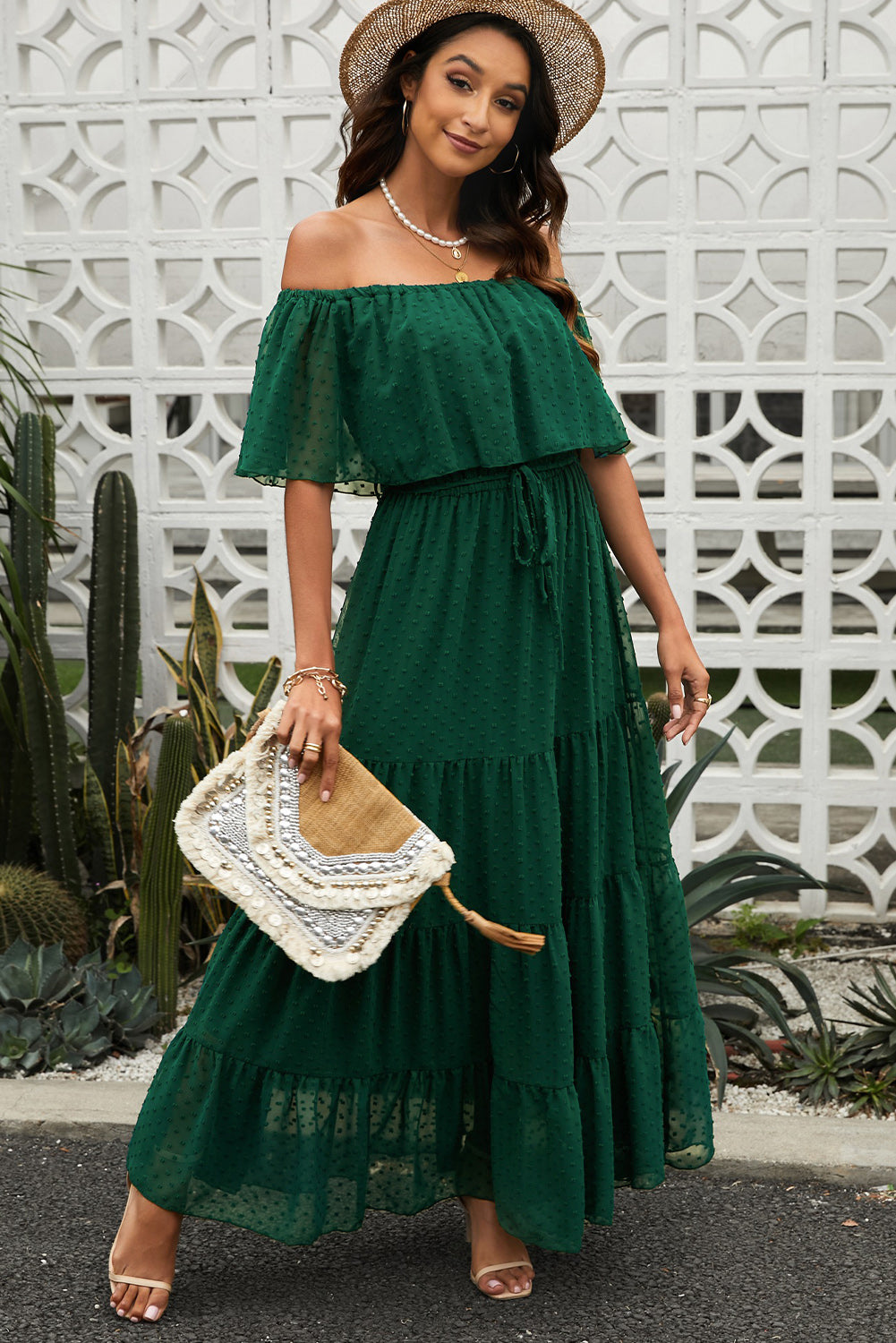 Swiss Dot Off Shoulder Tiered Maxi Dress