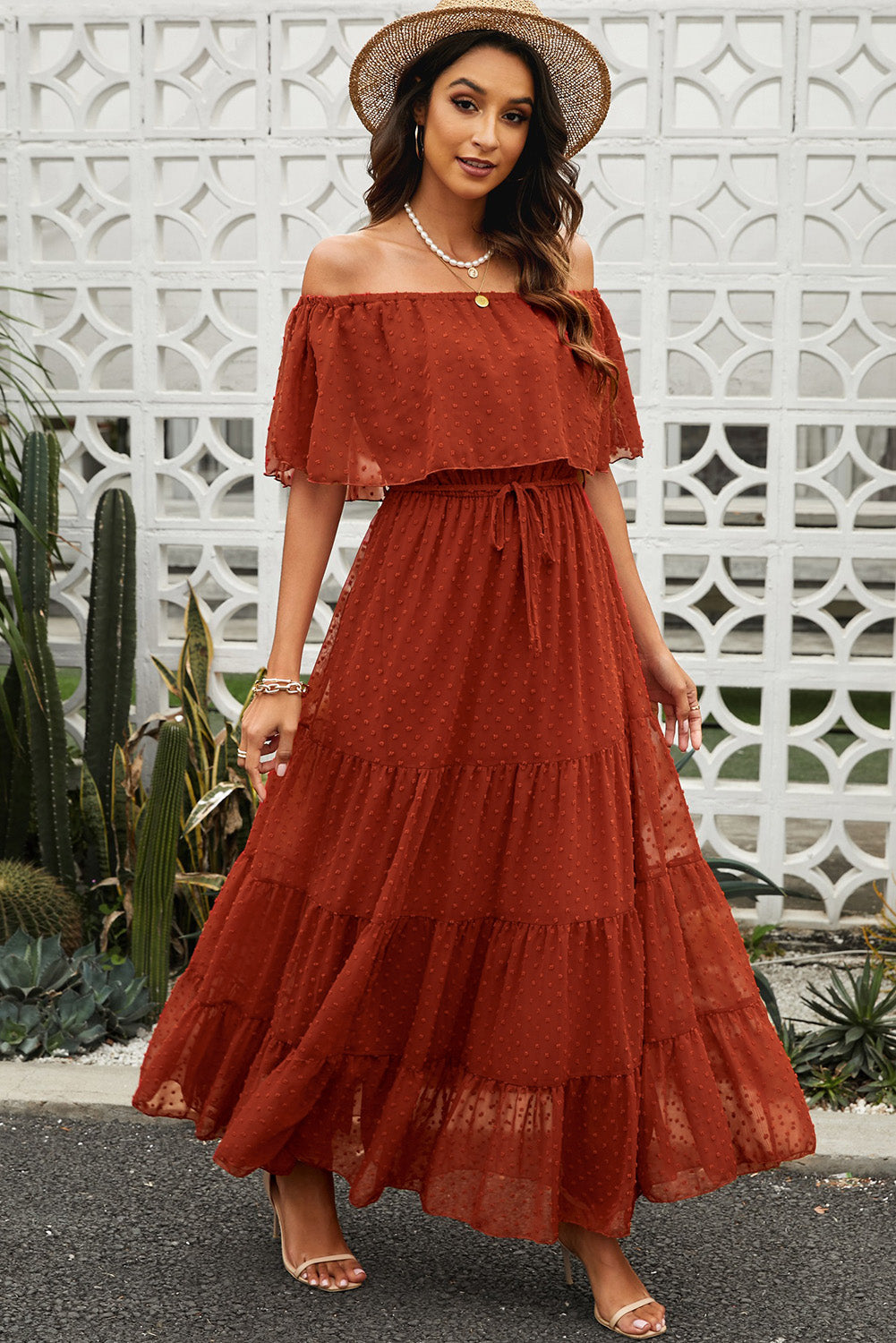 Swiss Dot Off Shoulder Tiered Maxi Dress