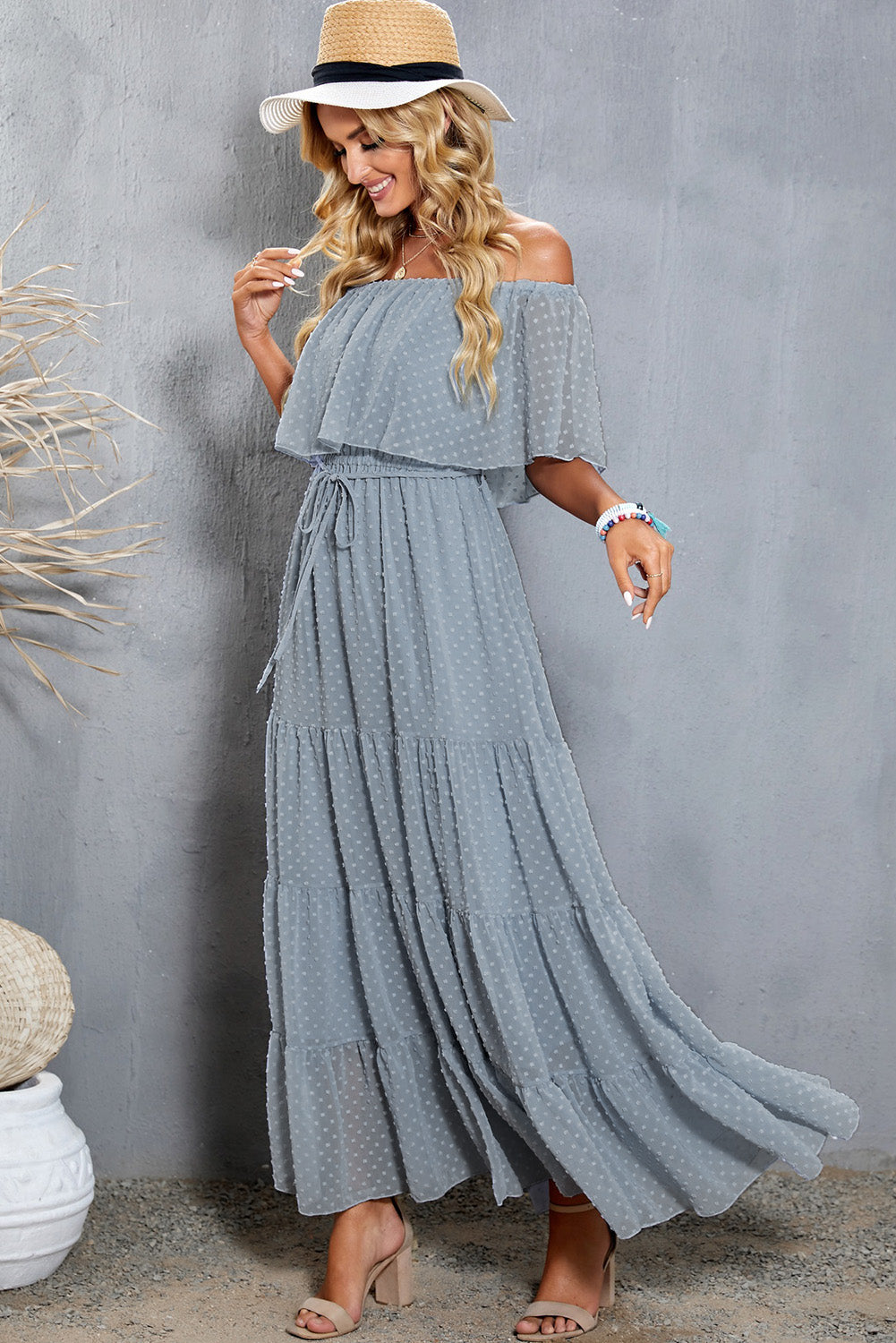 Swiss Dot Off Shoulder Tiered Maxi Dress