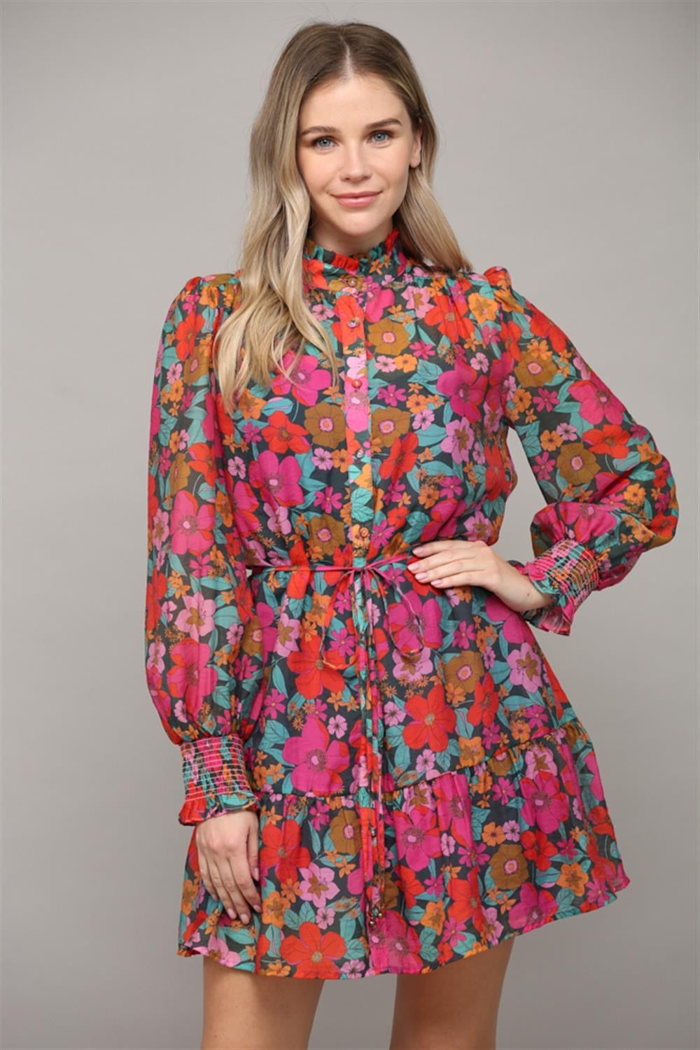 Fate by LFD Floral Tie Waist Ruffled Dress Long Sleeves