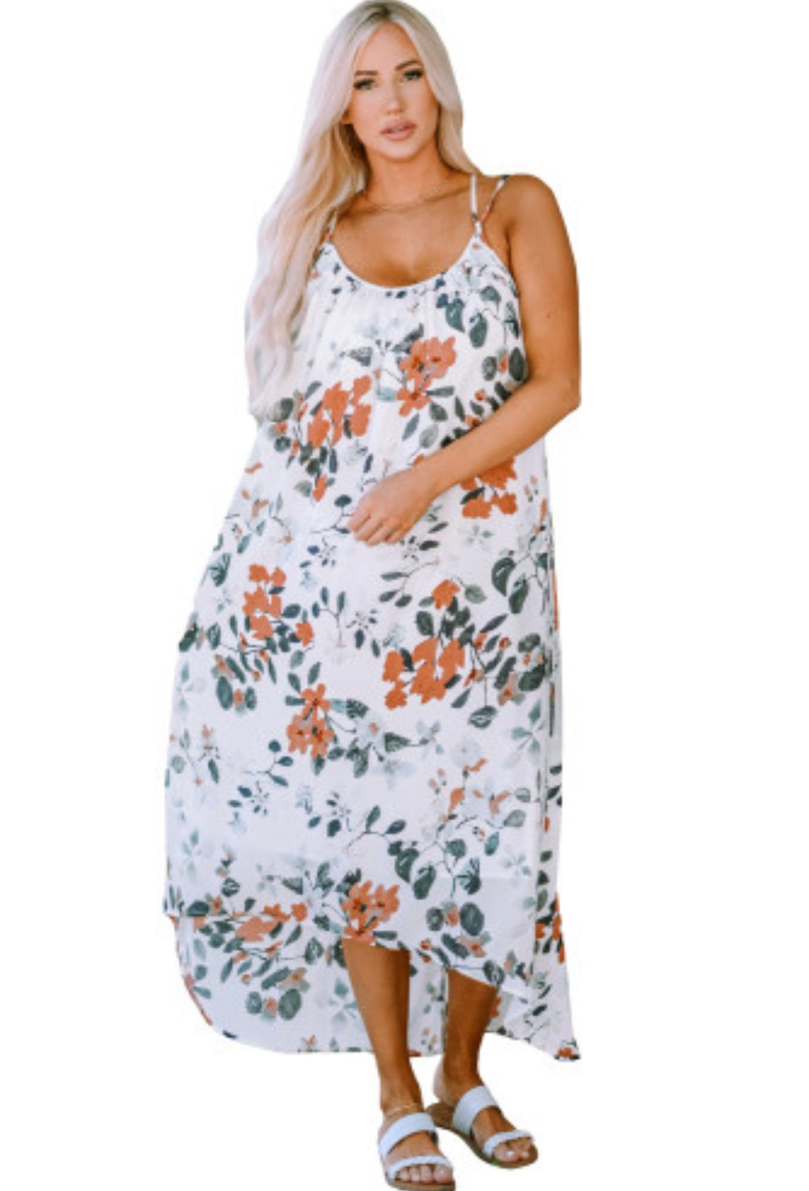 White Floral Print Spaghetti Straps Maxi Dress