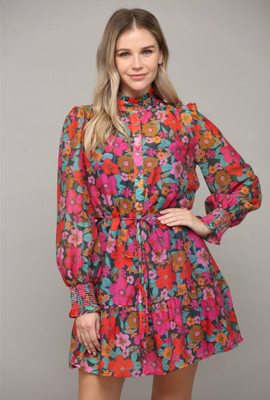 Fate by LFD Floral Tie Waist Ruffled Dress Long Sleeves