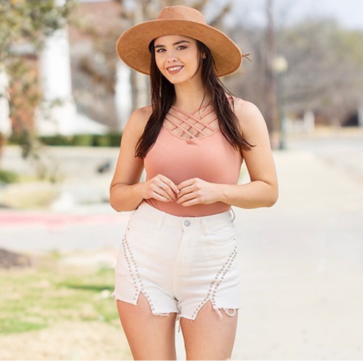 White Denim Shorts With Silver Accents