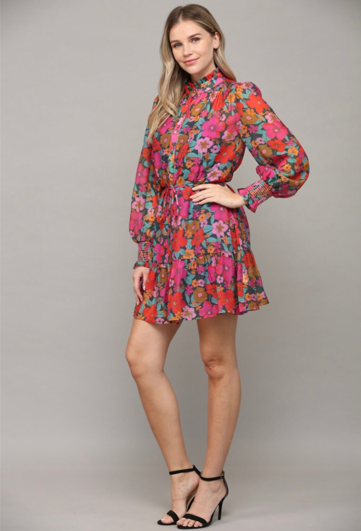 Fate by LFD Floral Tie Waist Ruffled Dress Long Sleeves