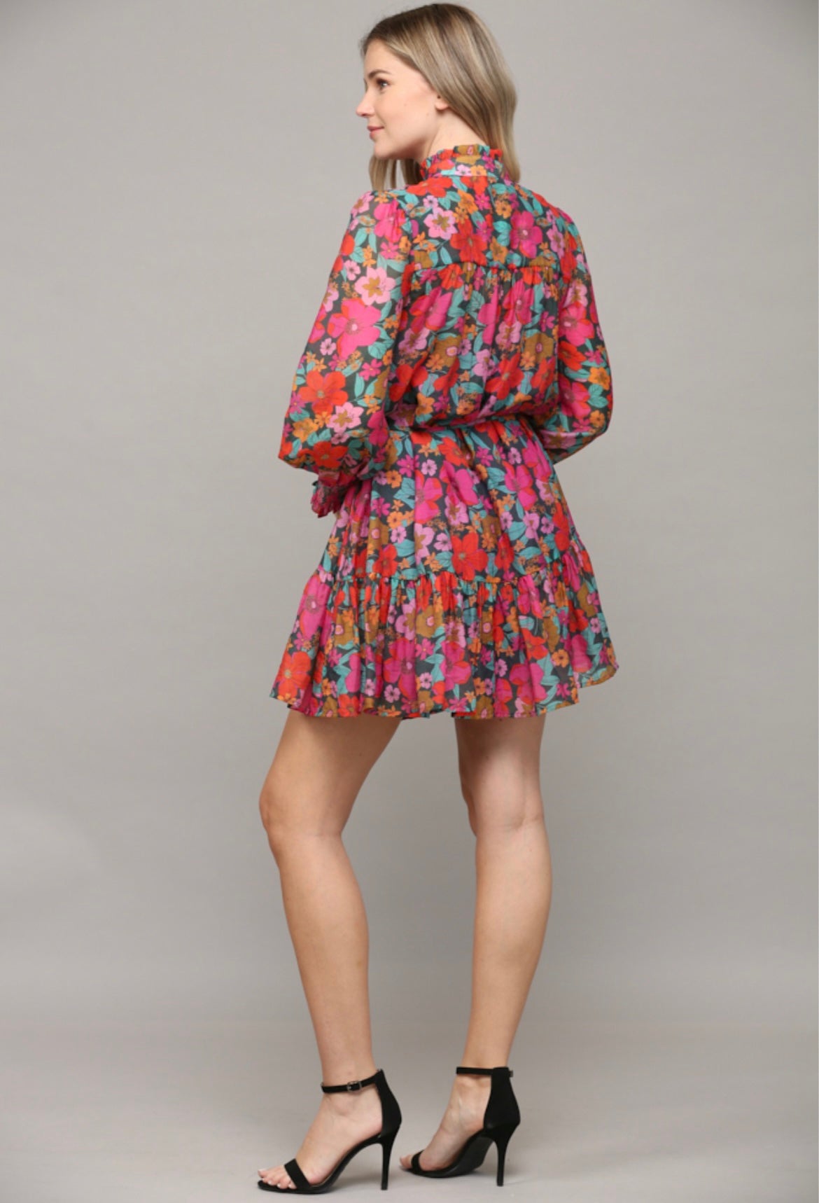 Fate by LFD Floral Tie Waist Ruffled Dress Long Sleeves