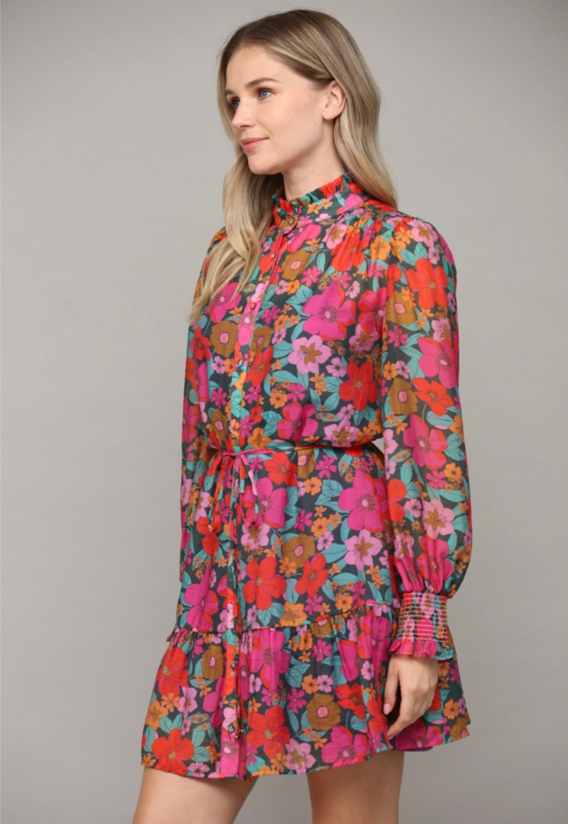 Fate by LFD Floral Tie Waist Ruffled Dress Long Sleeves