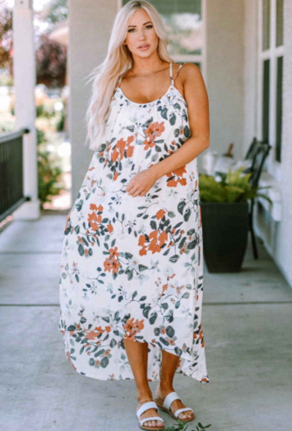 White Floral Print Spaghetti Straps Maxi Dress