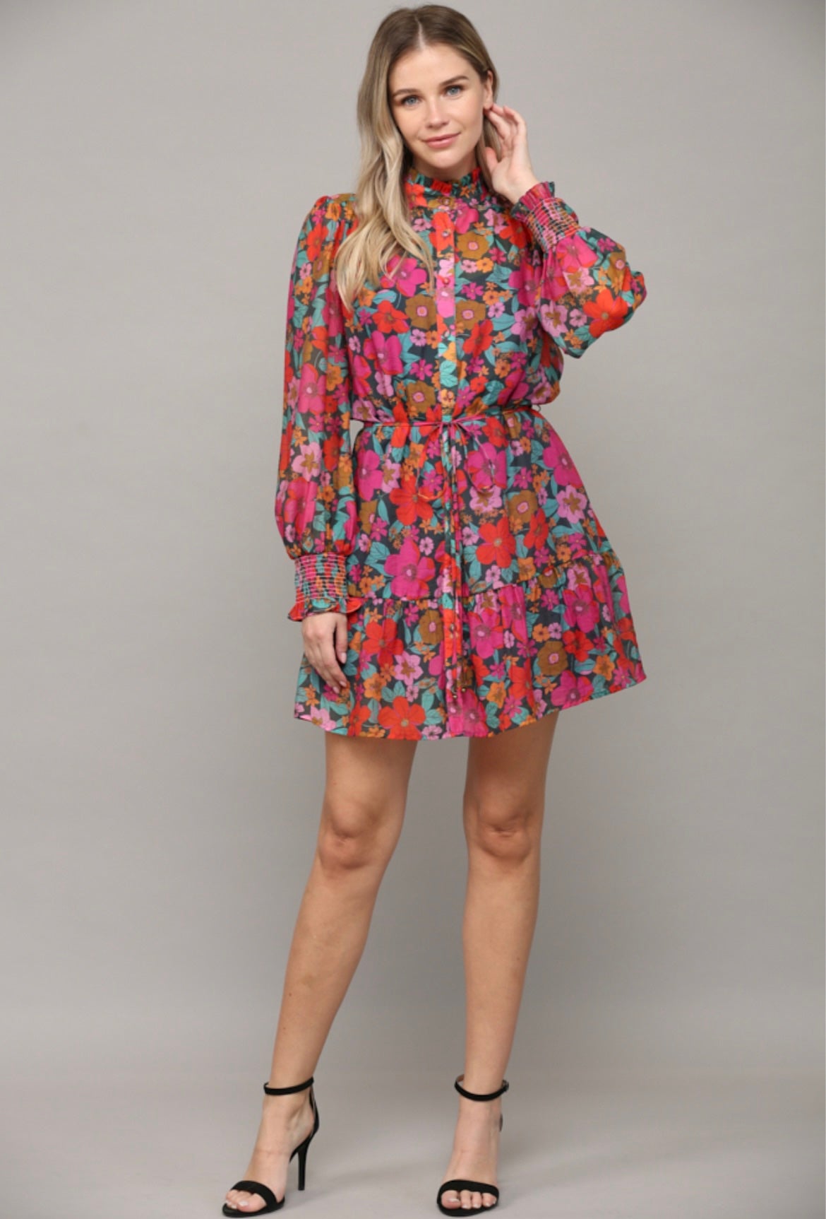 Fate by LFD Floral Tie Waist Ruffled Dress Long Sleeves