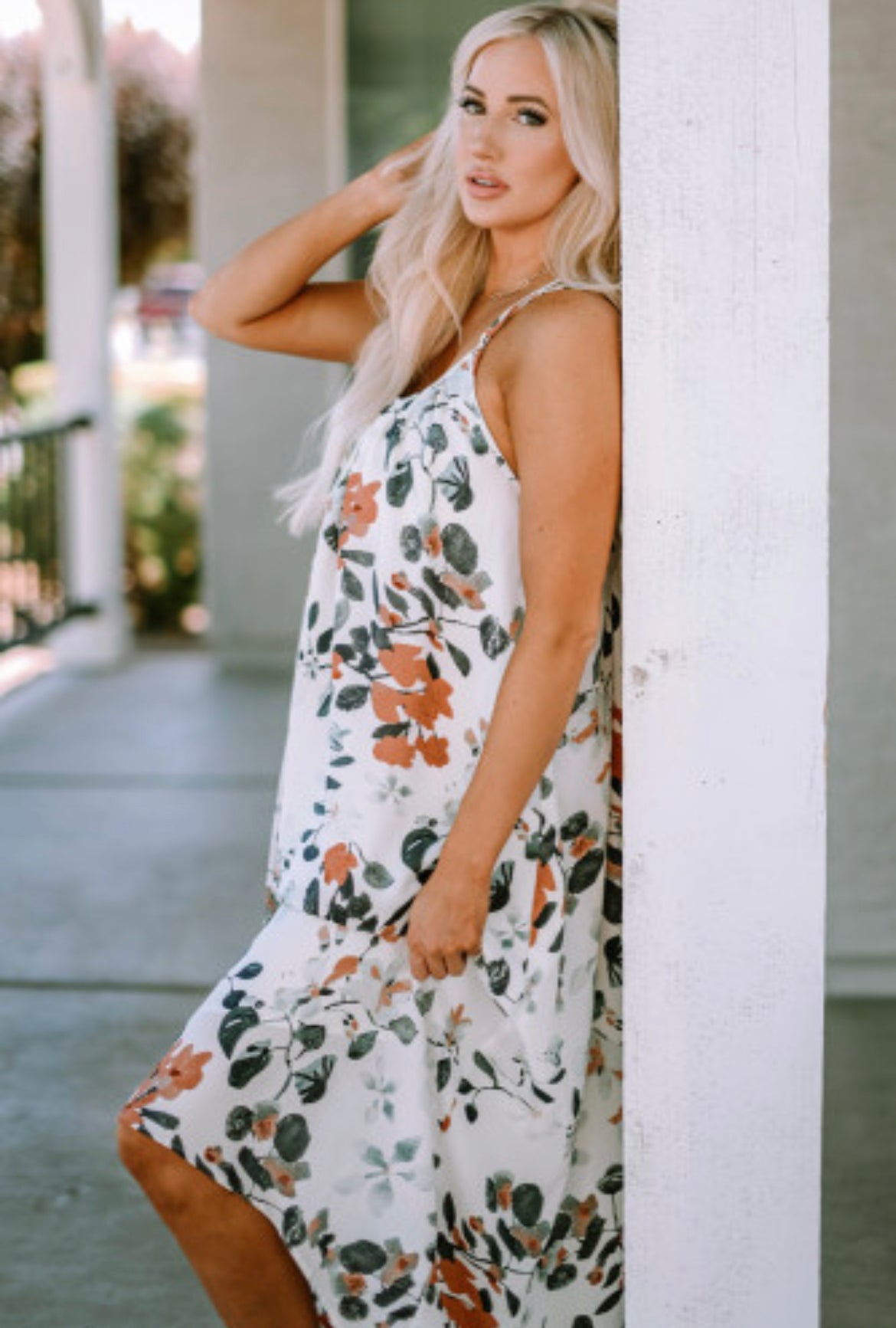 White Floral Print Spaghetti Straps Maxi Dress