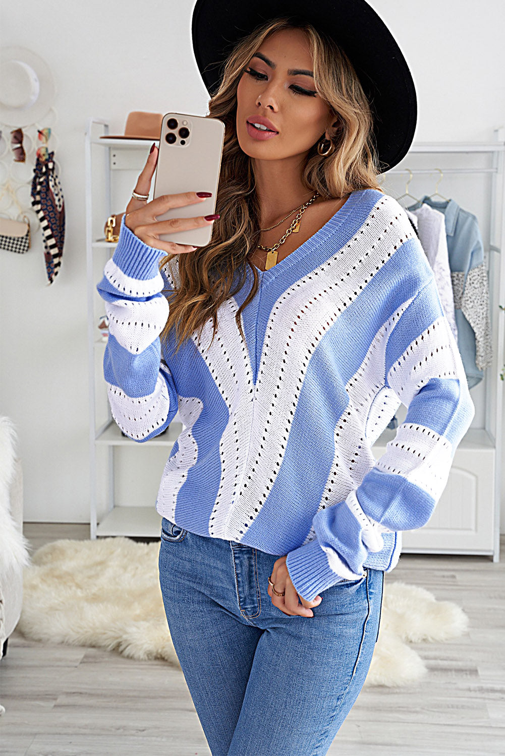 Striped Colorblock V Neck Knitted Sweater