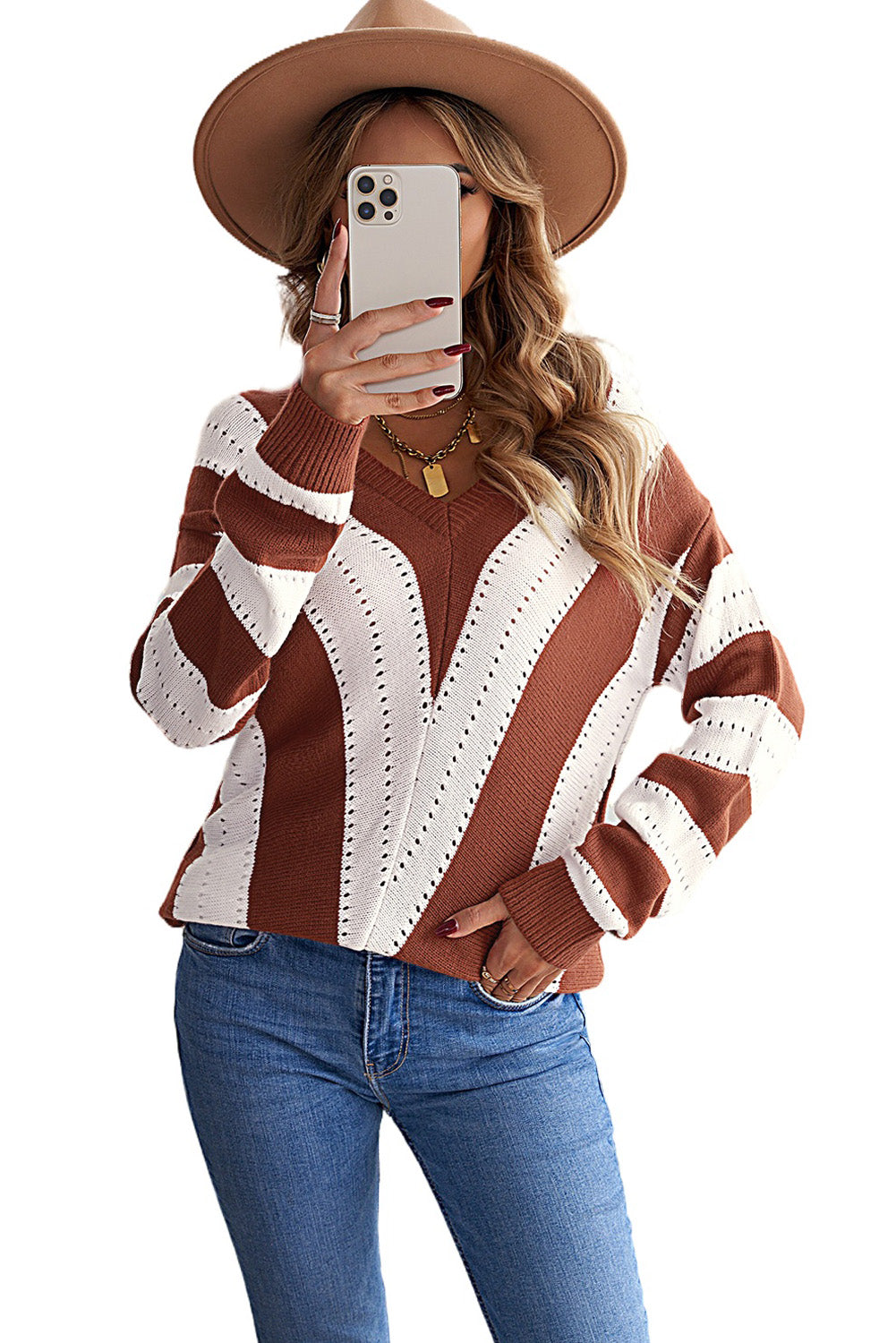 Striped Colorblock V Neck Knitted Sweater