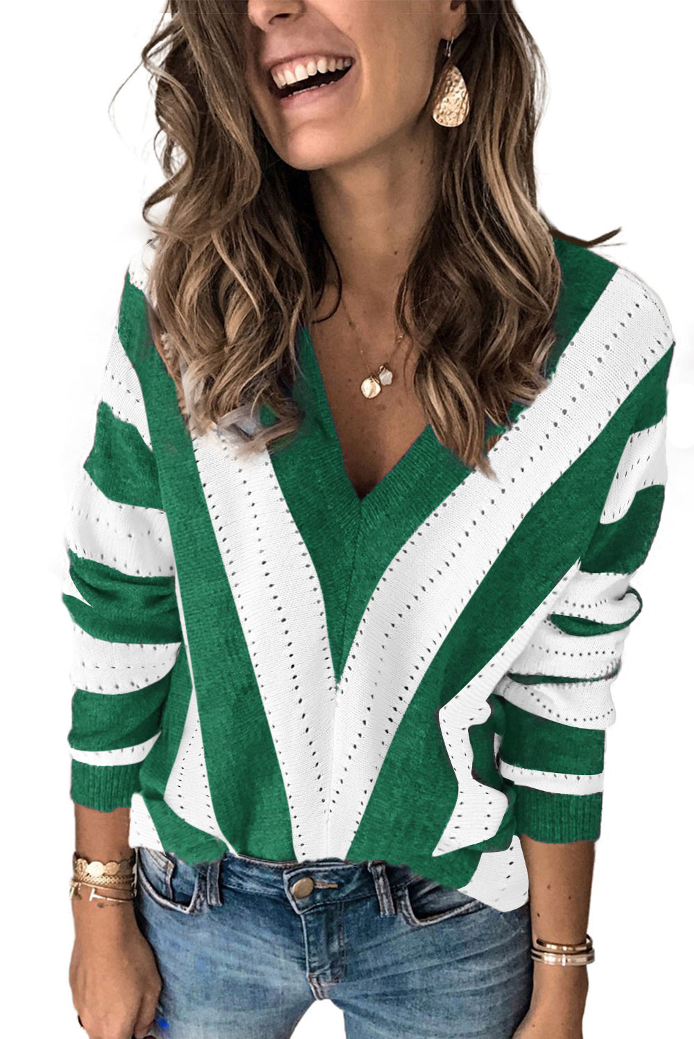 Striped Colorblock V Neck Knitted Sweater