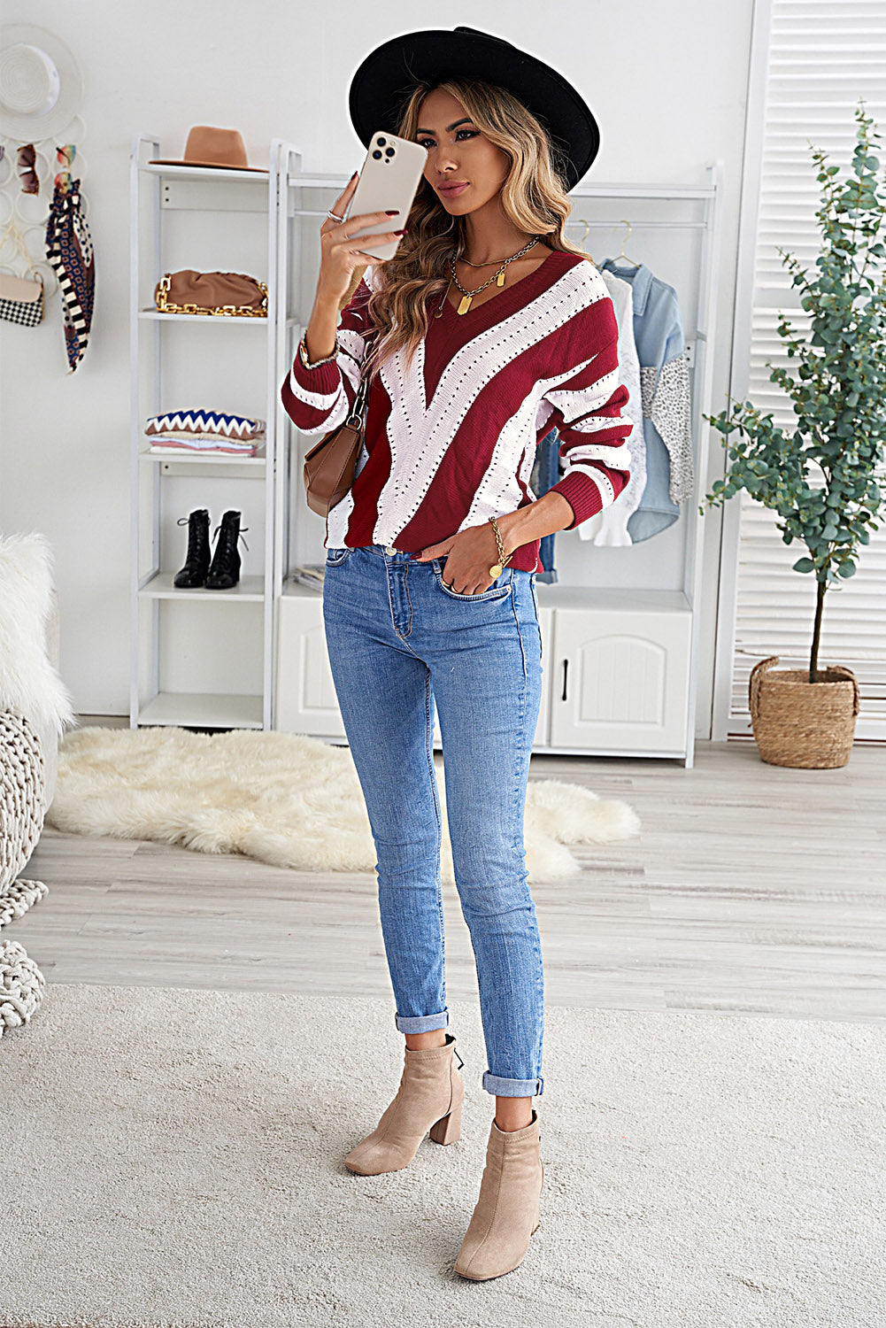 Striped Colorblock V Neck Knitted Sweater