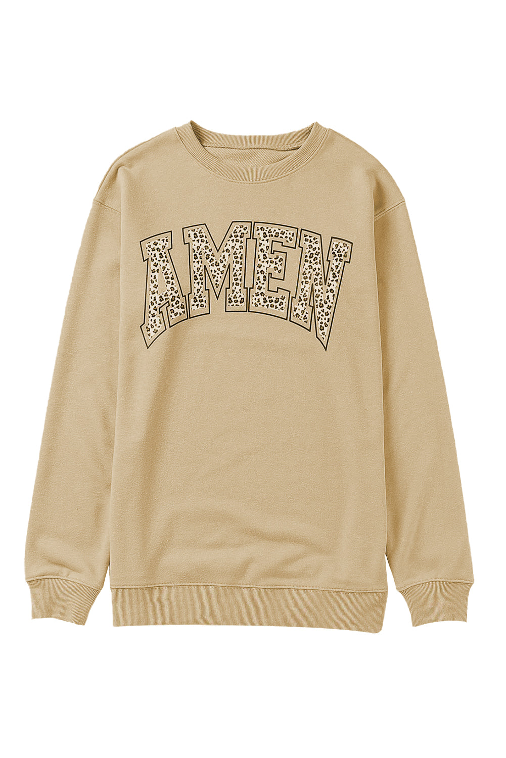 Khaki Amen Leopard Letter Print Oversized Pullover Sweatshirt