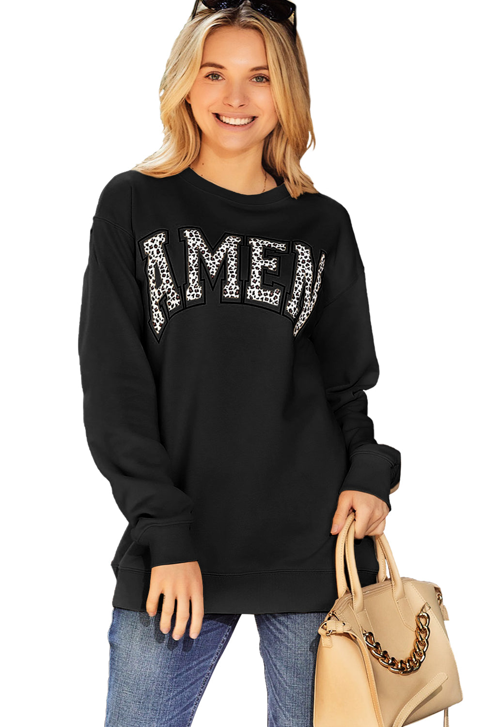 Khaki Amen Leopard Letter Print Oversized Pullover Sweatshirt