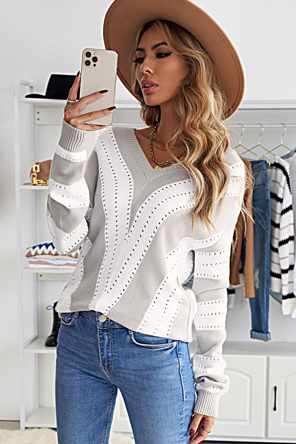 Striped Colorblock V Neck Knitted Sweater