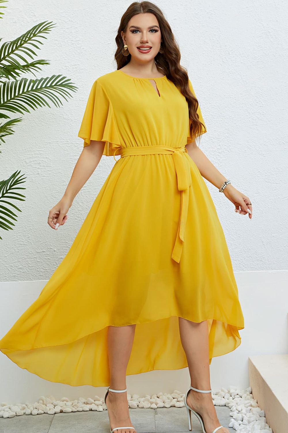 "Belted Flutter Sleeve High-Low Dress - Front View" "Elegant High-Low Dress with Flutter Sleeves" "Women's Fashion - Belted Dress"