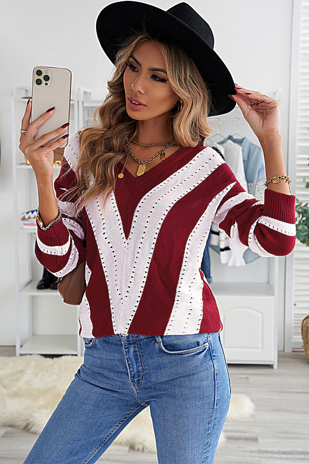 Striped Colorblock V Neck Knitted Sweater