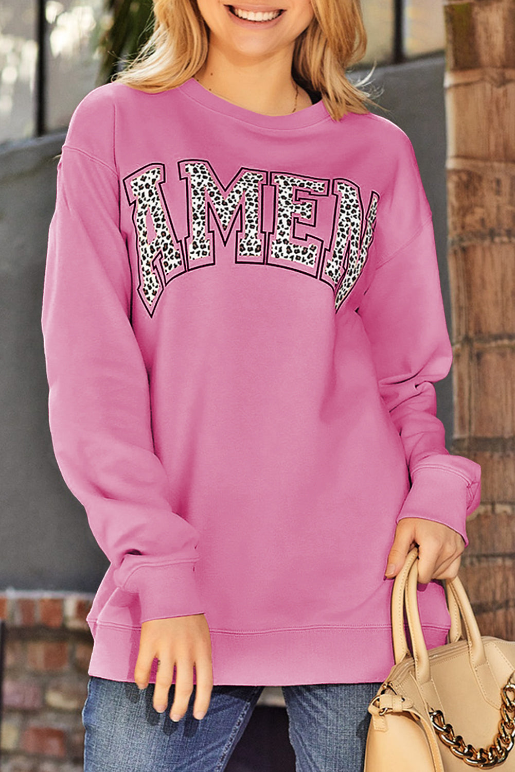 Khaki Amen Leopard Letter Print Oversized Pullover Sweatshirt