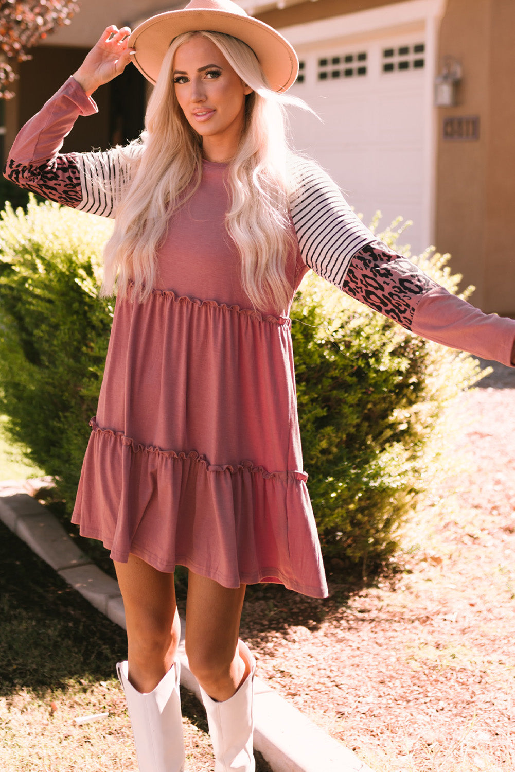 Mixed Print Frill Trim  Long Sleeve Dress