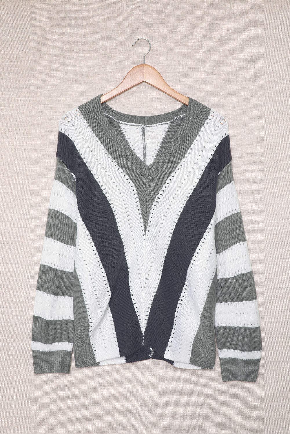 Striped Colorblock V Neck Knitted Sweater