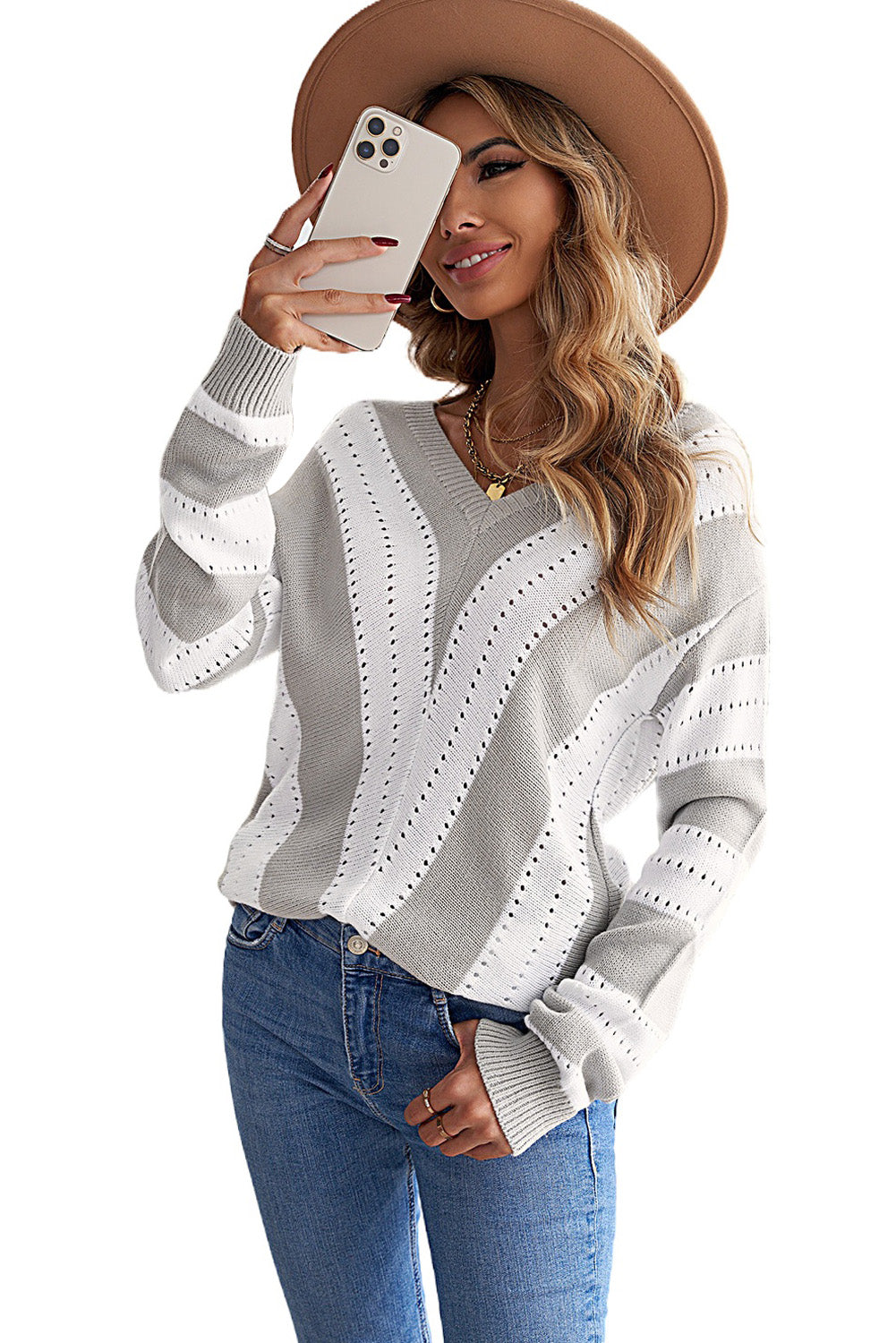 Striped Colorblock V Neck Knitted Sweater