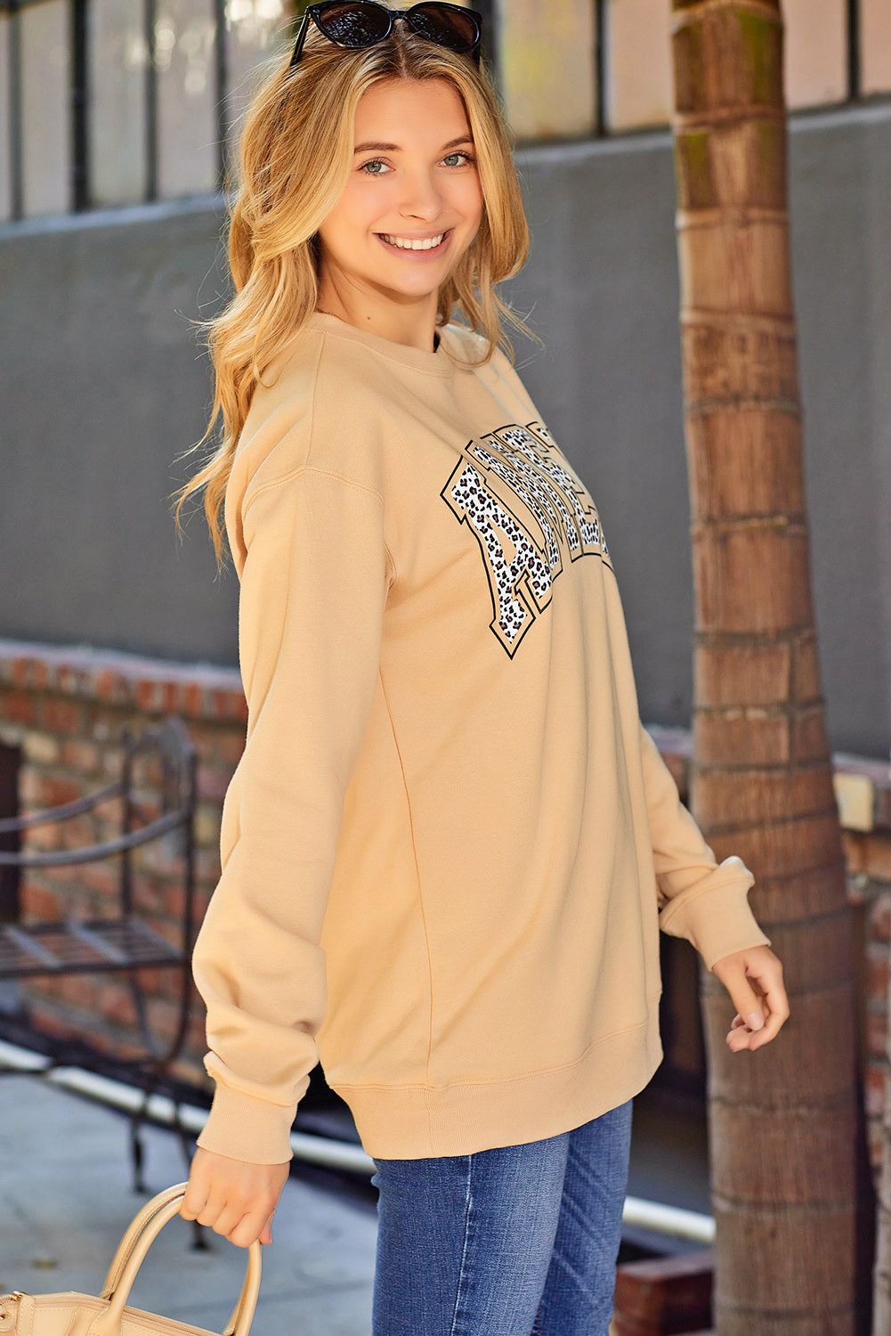 Khaki Amen Leopard Letter Print Oversized Pullover Sweatshirt